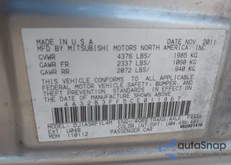 2012 Mitsubishi Galant Es/Se z USA, uszkodzony, nr VIN 4A32B3FF5CE011967